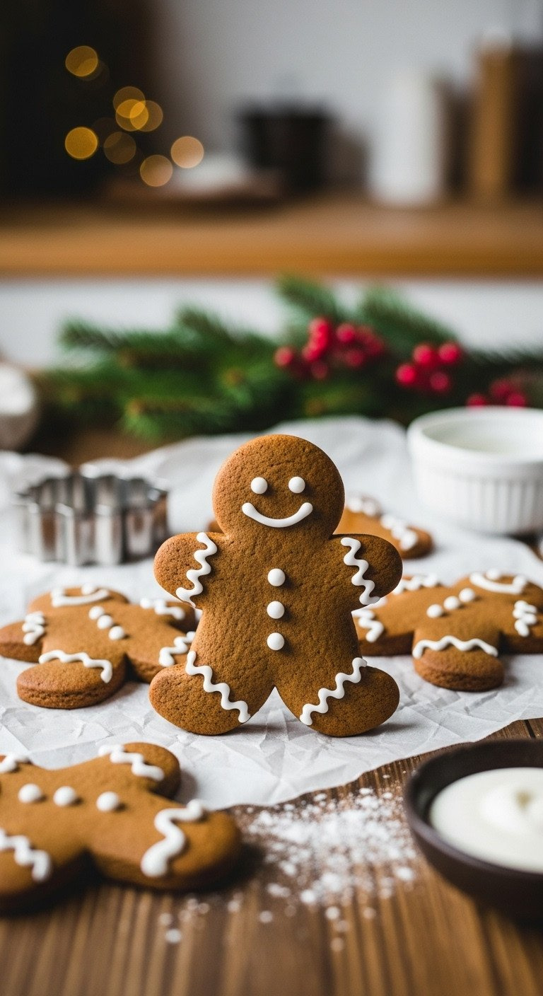 Perfectly Baked Gingerbread Man Cookies With White Icing On Parchment Paper, Set On A Rustic Wood Table With Festive Decor.