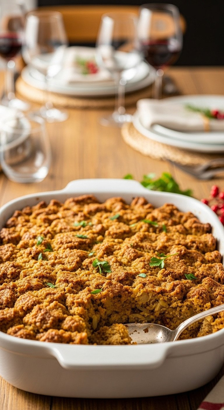 Perfectly Baked Gluten-Free Thanksgiving Stuffing With A Golden-Brown Crispy Top, Garnished With Parsley And A Silver Spoon.