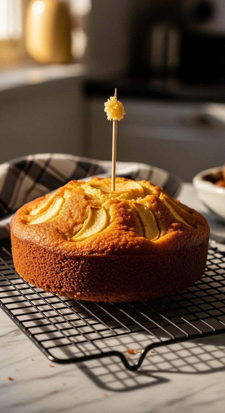 Perfectly Baked Golden-Brown Apple Cake On A Black Wire Cooling Rack, Toothpick Test Showing Moist Crumbs. Homemade Dessert.