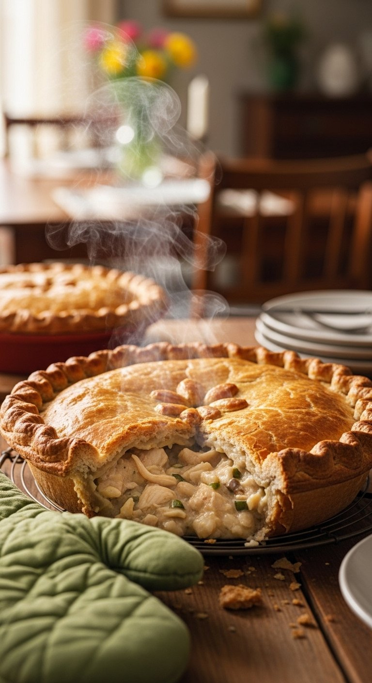 Perfectly Baked Golden Brown Chicken Pot Pie With Bubbling Filling And Steam Vents On A Wooden Table.