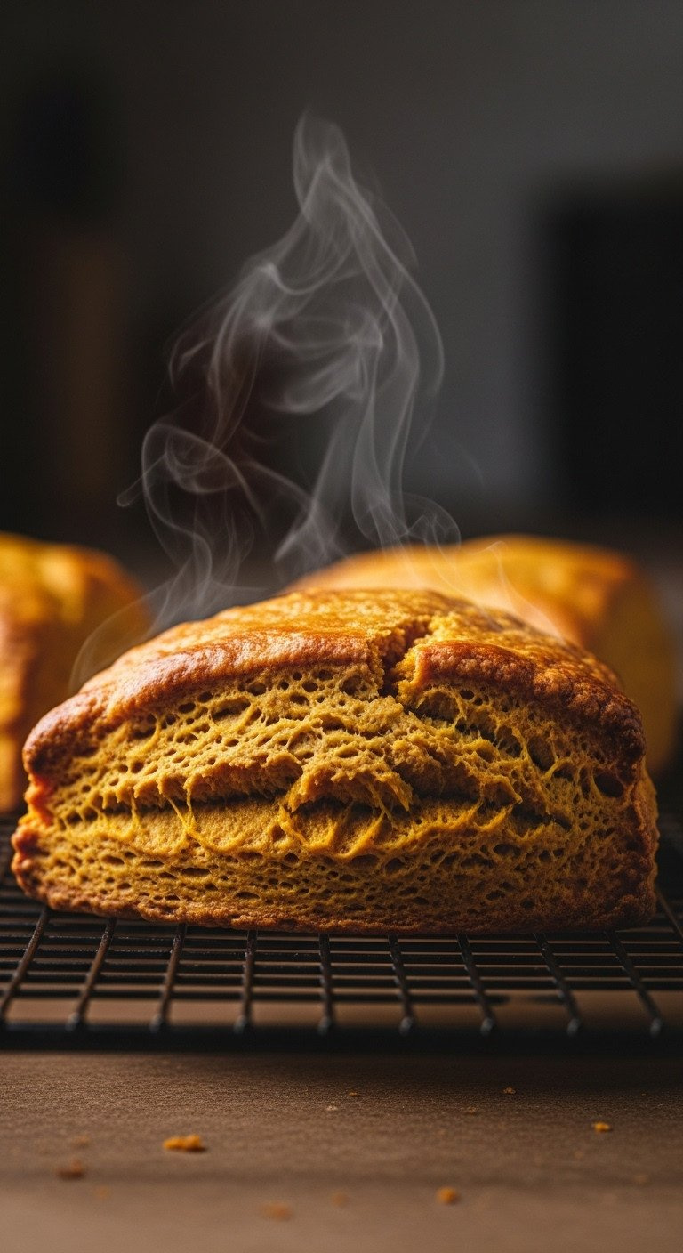 Perfectly Baked Golden-Brown Pumpkin Scone With Flaky Layers Cooling On A Black Wire Rack, Showing Delicious Texture.