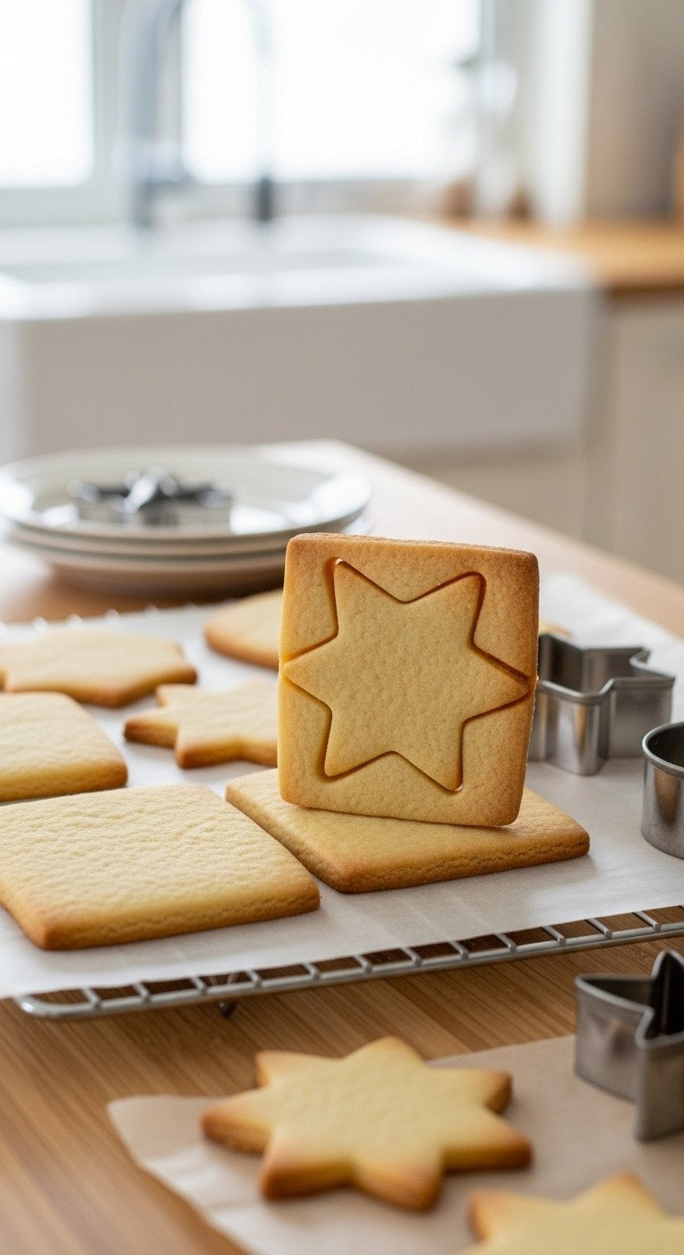 Perfectly Baked Golden-Brown Sugar Cookies, Star And Square Shapes, On A Silver Cooling Rack With Cookie Cutters For A Homemade Dessert.
