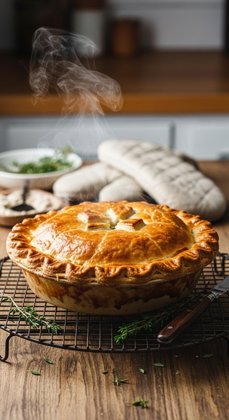 Perfectly Baked Golden-Brown Turkey Pot Pie With Flaky Crust, Bubbling Filling, Cooling On A Wire Rack.
