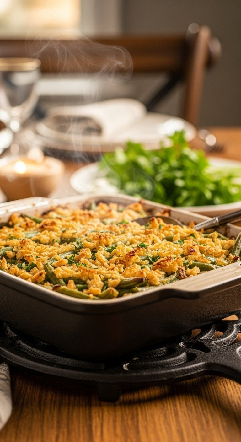 Perfectly Baked Green Bean Casserole, Fresh From The Oven With A Golden-Brown Crispy Onion Topping, Garnished With Parsley.