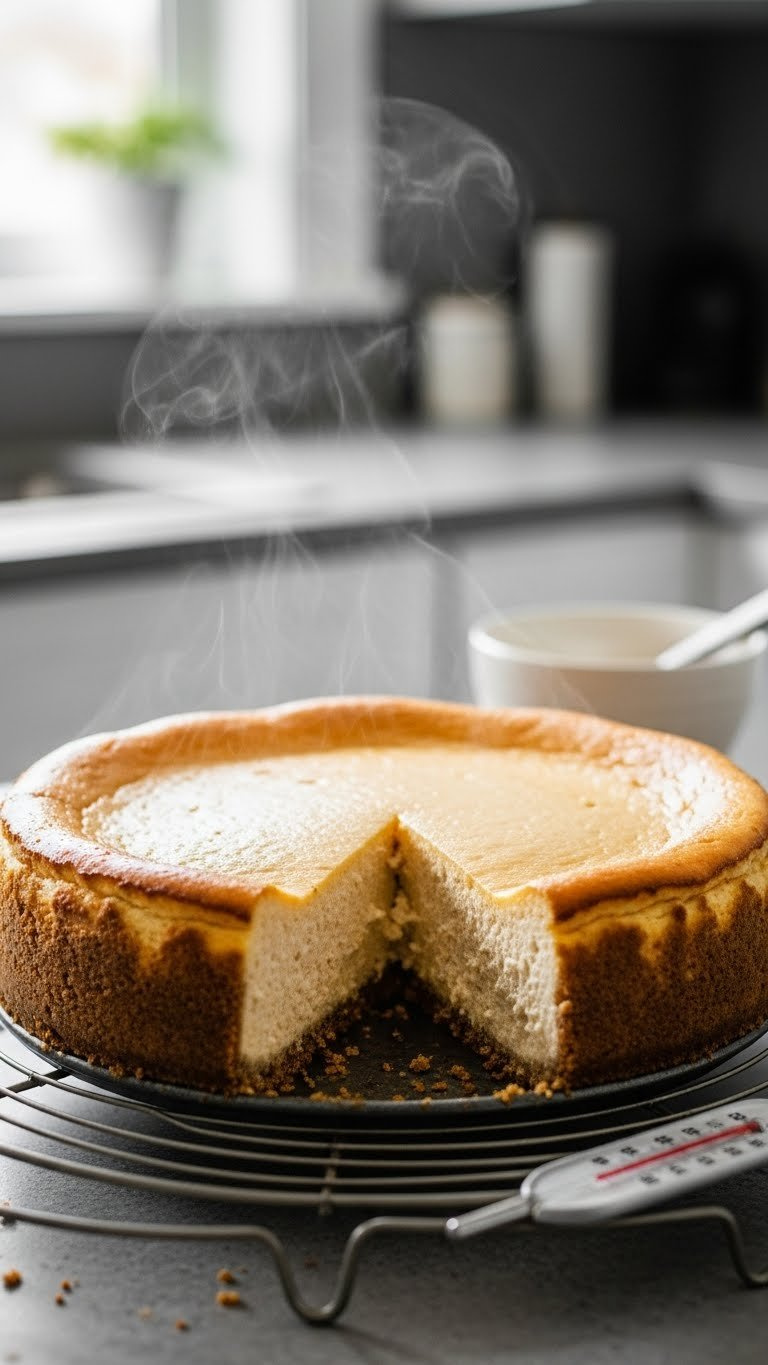 Perfectly Baked Healthy Cheesecake Cooling On Wire Rack With Crack-Free Golden Brown Top