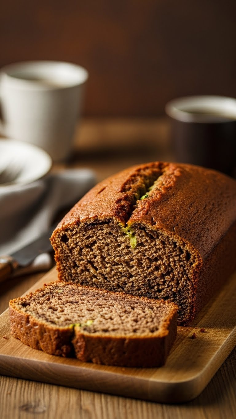 Perfectly Baked Keto Chocolate Zucchini Bread Loaf With Tender Crumb On Wooden Cutting Board