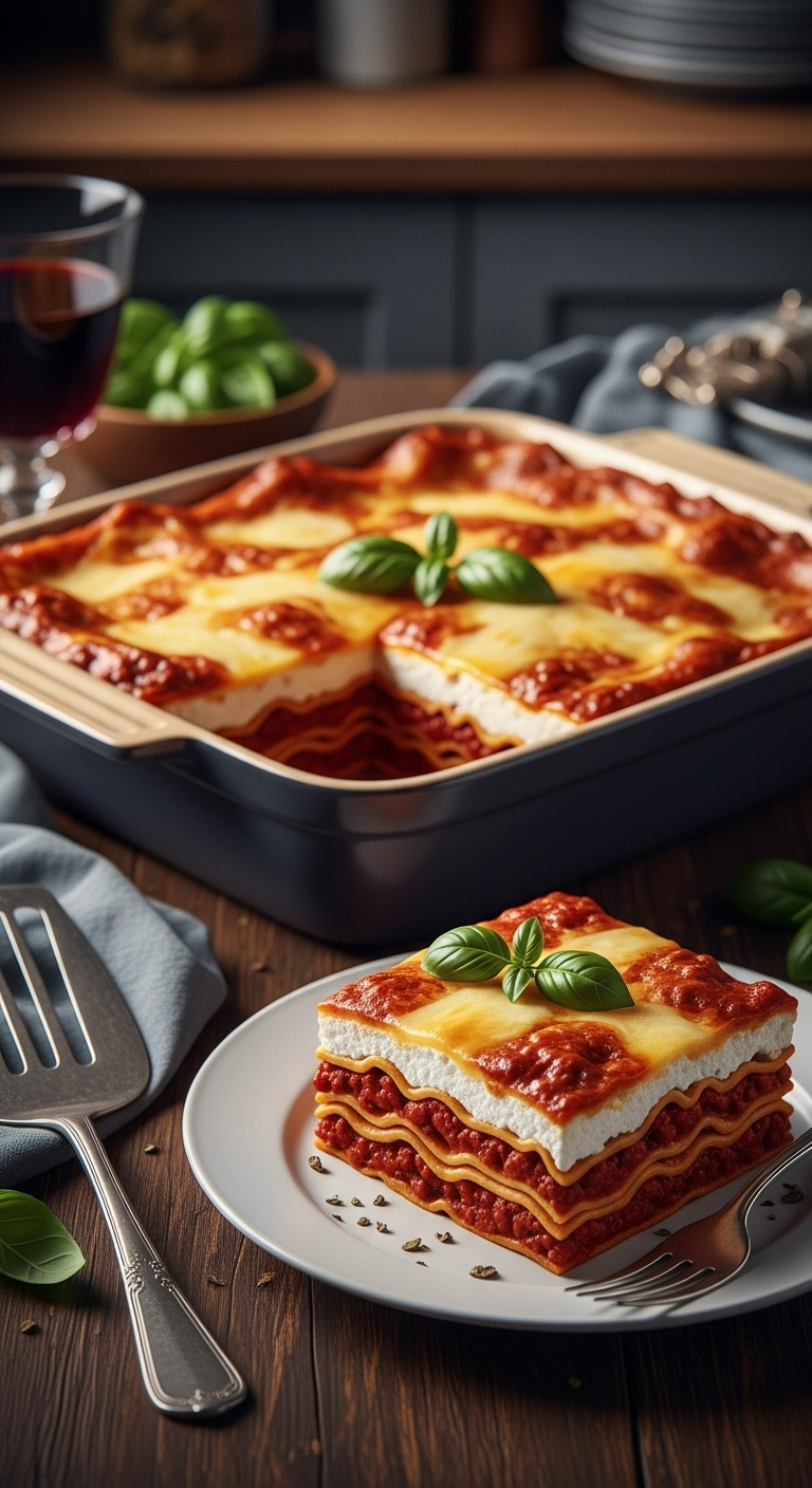 Perfectly Baked Lasagna With A Removed Slice Showing Creamy Ricotta Layers On A Rustic Wood Table With Wine And Basil