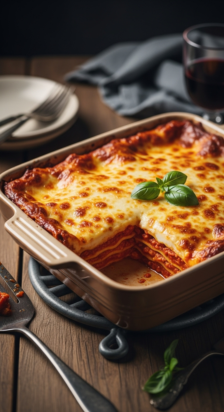 Perfectly Baked Lasagna With Bubbly Golden Cheese A Removed Slice Revealing Creamy Layers On A Rustic Wood Table With Wine And Basil