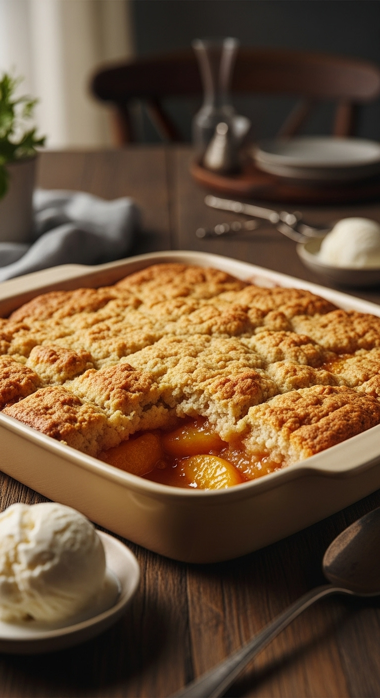 Perfectly Baked Peach Cobbler With Golden-Brown Topping And Bubbly Filling On A Rustic Wood Table With Ice Cream