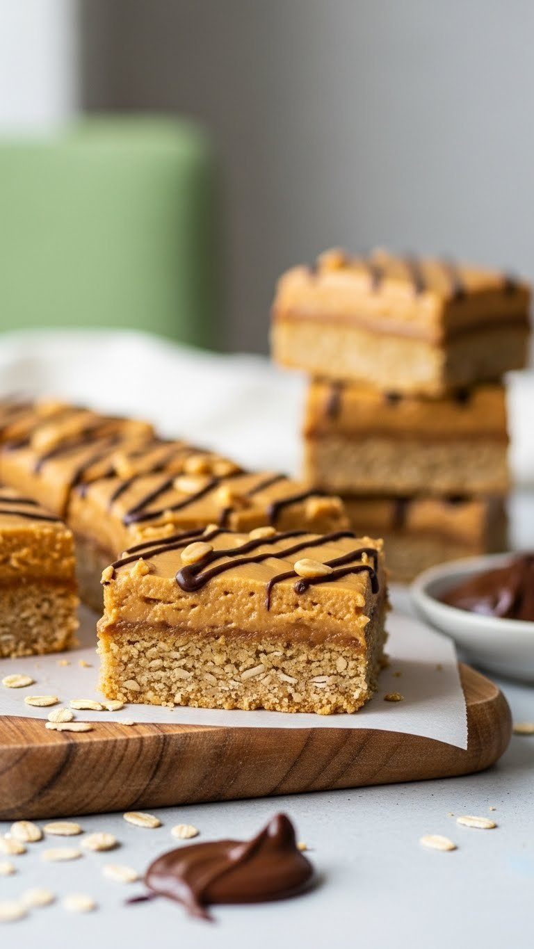 Perfectly Baked Peanut Butter Oatmeal Bars With Golden Oat Base And Rich Topping On A Wooden Cutting Board