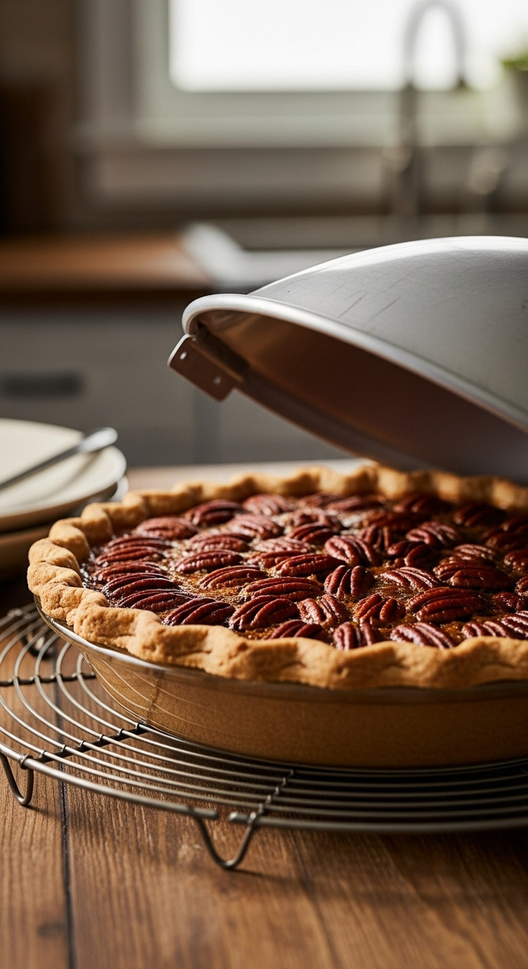 Perfectly Baked Pecan Pie With Golden Crust, Fresh From Oven, On A Wire Rack As Pie Shield Is Lifted, For Dessert Recipe.