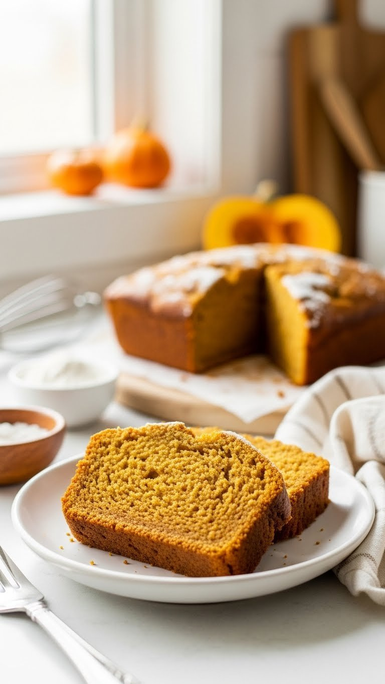 Perfectly Baked Pumpkin Bread Slice On Plate With Undercooked And Overbaked Slices Blurred In Background