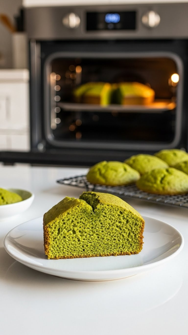 Perfectly Baked Vibrant Green Matcha Cake Slice On White Plate With Warm Oven Glow In Blurred Background