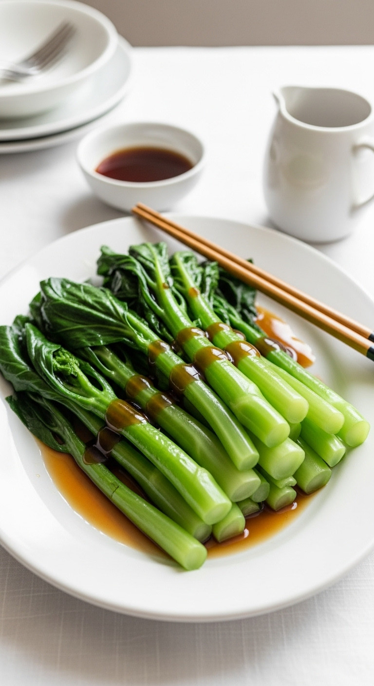 Perfectly Blanched Green Gai Drizzled With Glossy Oyster Sauce On An Oval White Plate.