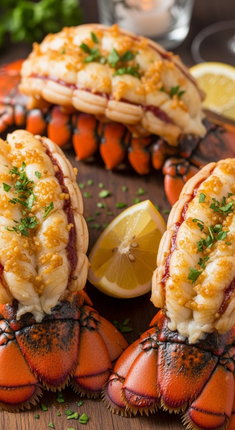 Perfectly Broiled Garlic Butter Baked Lobster Tails With A Glistening Slightly Charred Finish.
