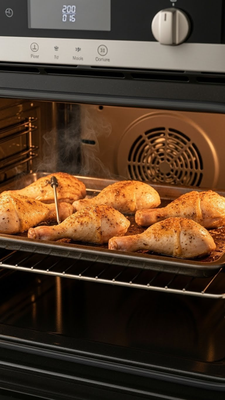 Perfectly Browned Chicken Drumsticks Baking Inside Modern Oven With Steam Rising And Meat Thermometer Visible