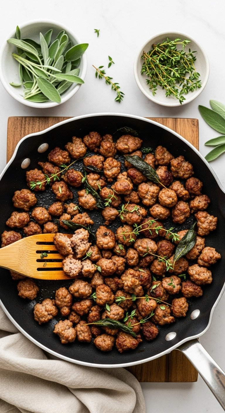 Perfectly Browned, Crumbled Pork Sausage With Fresh Sage And Thyme Leaves In A Skillet, Rustic Surface, With A Spatula.