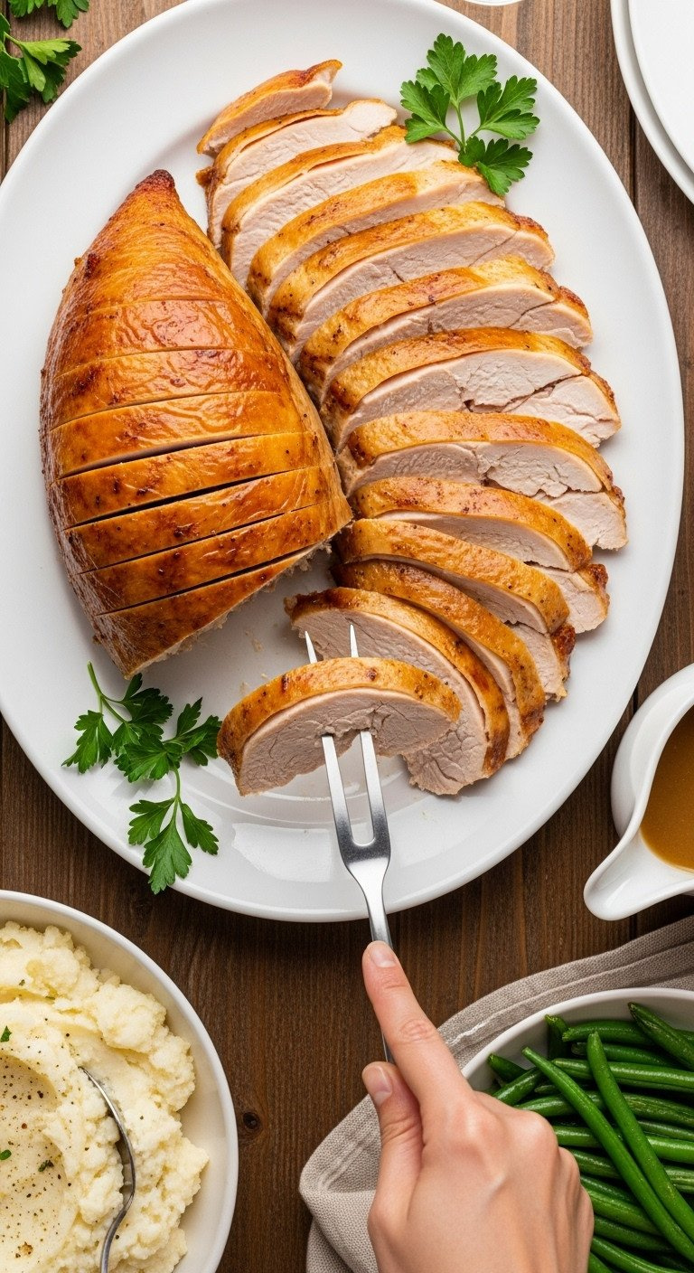 Perfectly Carved, Juicy Turkey Breast Slices Fanned On A White Platter, One Lifted With Fork, Ready For Thanksgiving Meal.