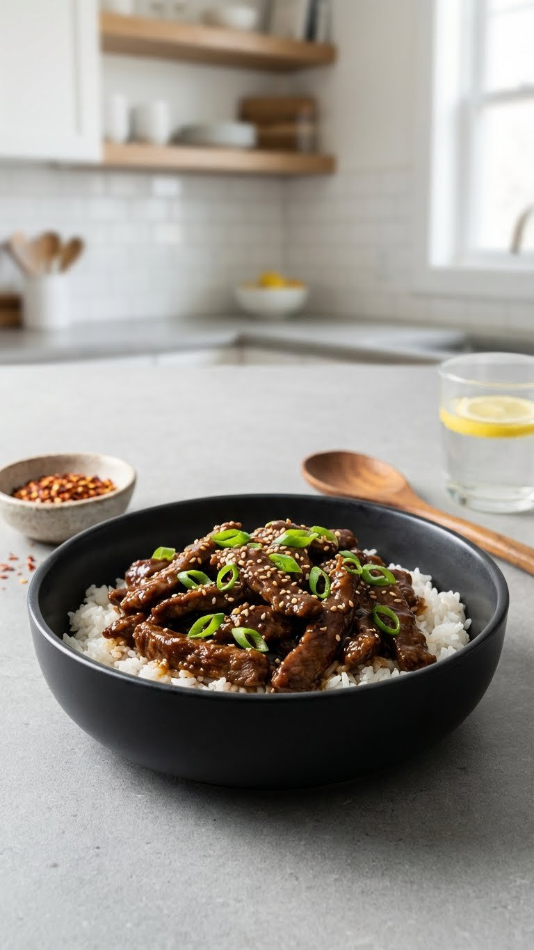 Perfectly Cooked Instant Pot Mongolian Beef In Sweet Dark Sauce, Garnished With Vibrant Green Onions And Jasmine Rice.
