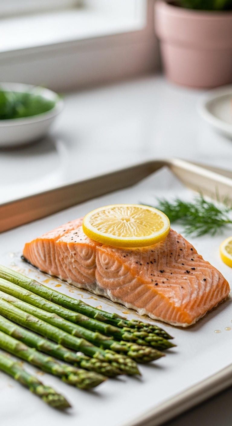 Perfectly Cooked Baked Salmon Fillet With Lemon And Vibrant Green Asparagus Spears On Parchment Paper With Fresh Dill