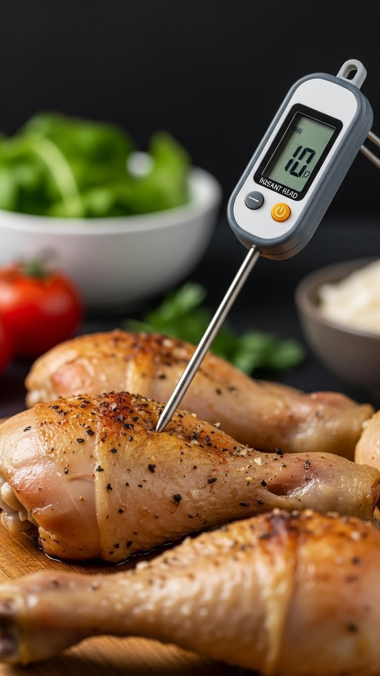 Perfectly Cooked Chicken Drumstick With Digital Meat Thermometer Inserted Showing Internal Temperature Reading