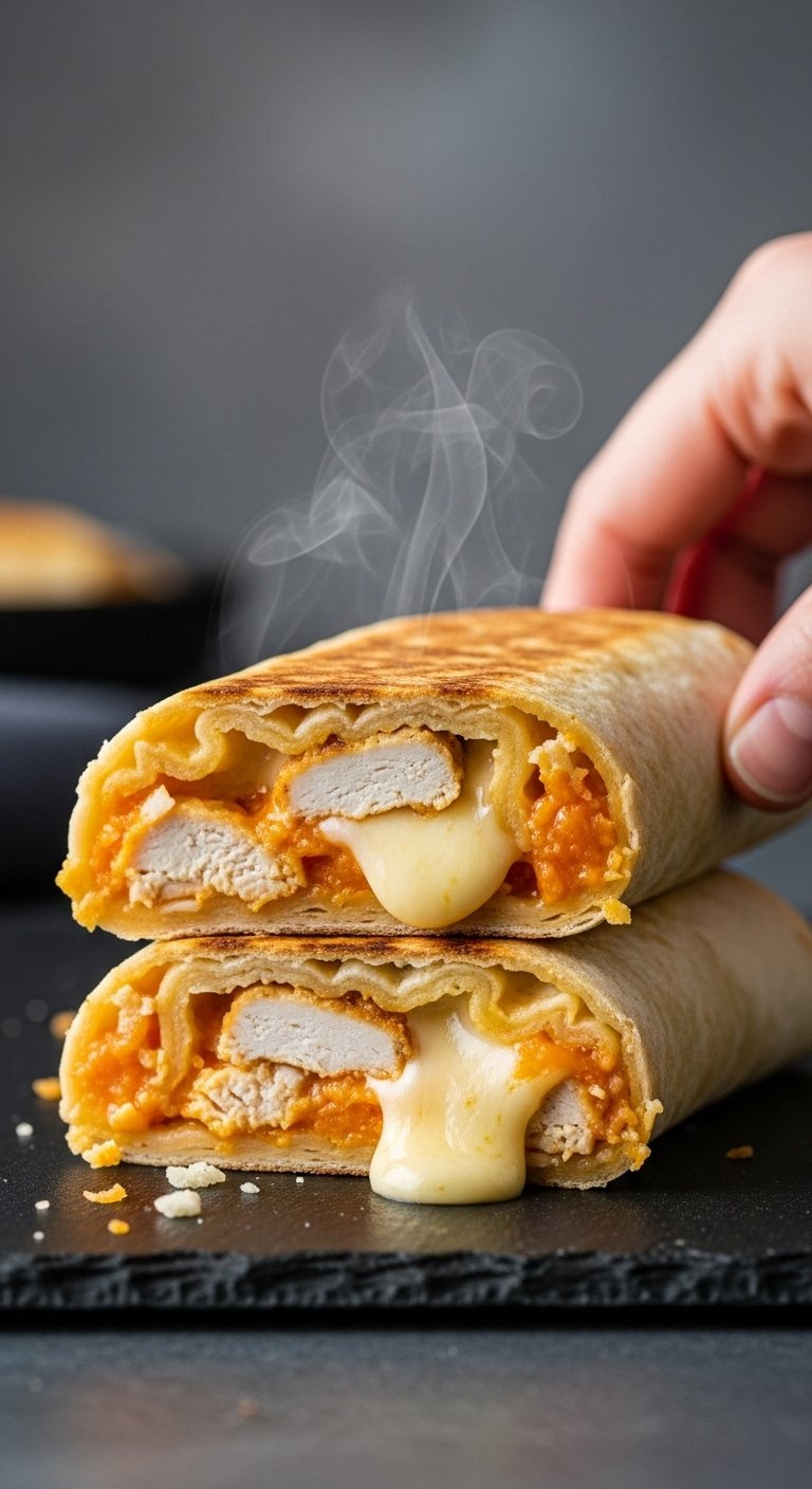 Perfectly Cooked Crispy Chicken Wrap Sliced In Half Revealing A Gooey Melted Cheese And Chicken Filling On A Dark Slate Surface.