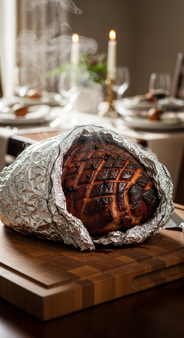 Perfectly Cooked, Glazed Thanksgiving Ham Tented With Foil, Steam Rising, Resting On Wooden Carving Board, Blurred Holiday Dining Table.