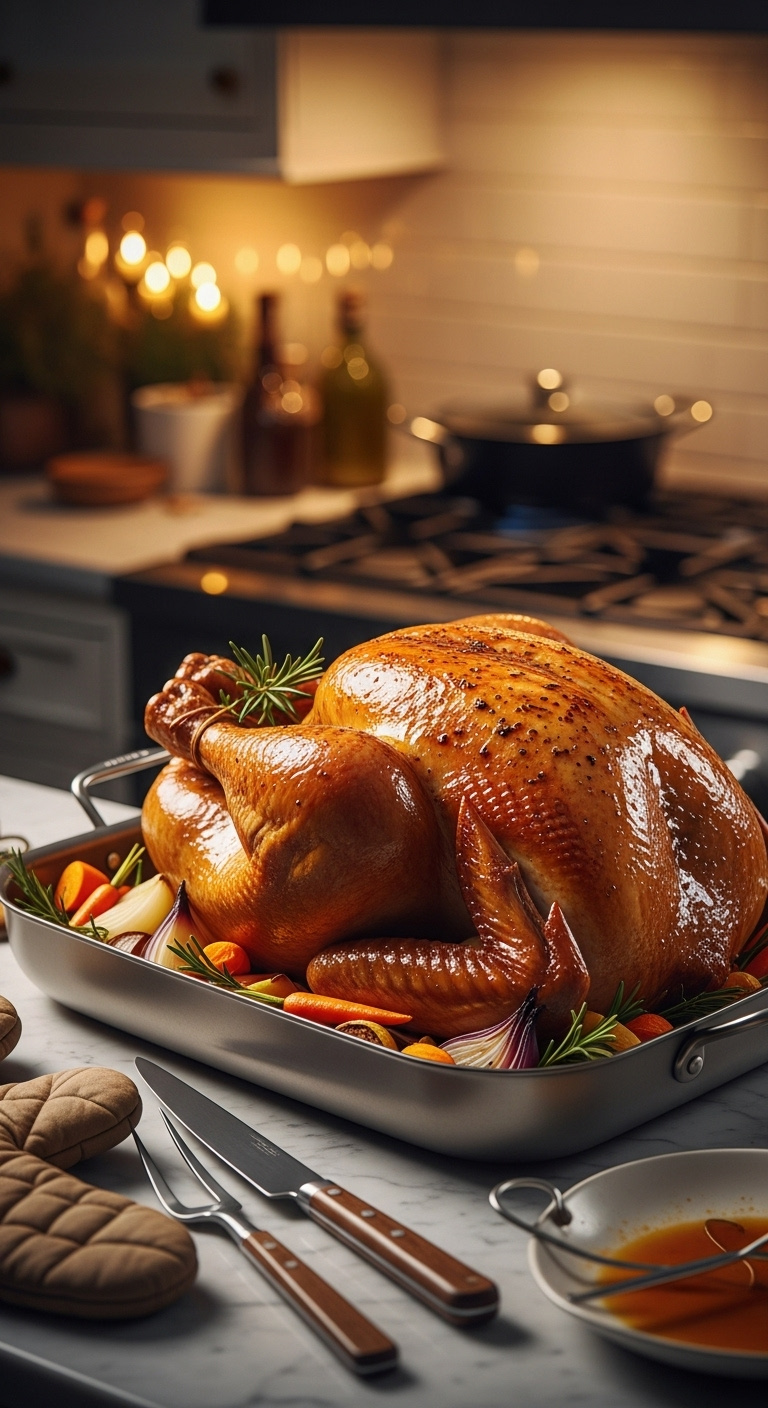 Perfectly Cooked Golden Brown Thanksgiving Turkey Glistening In A Roasting Pan On A Bed Of Roasted Vegetables