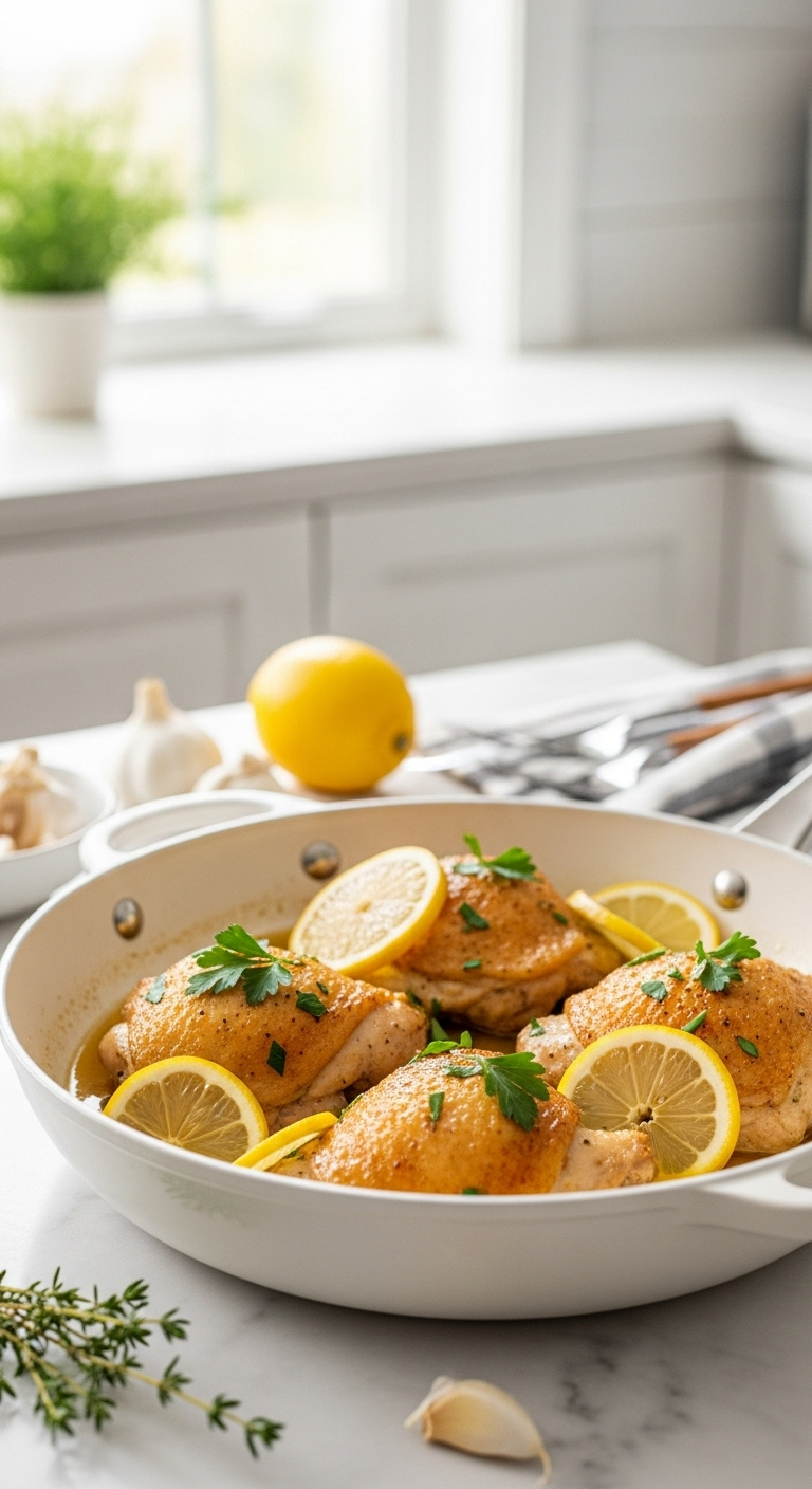 Perfectly Cooked Golden-Brown Crockpot Lemon Garlic Chicken Thighs With Parsley And Lemon Slices In A White Skillet On Marble