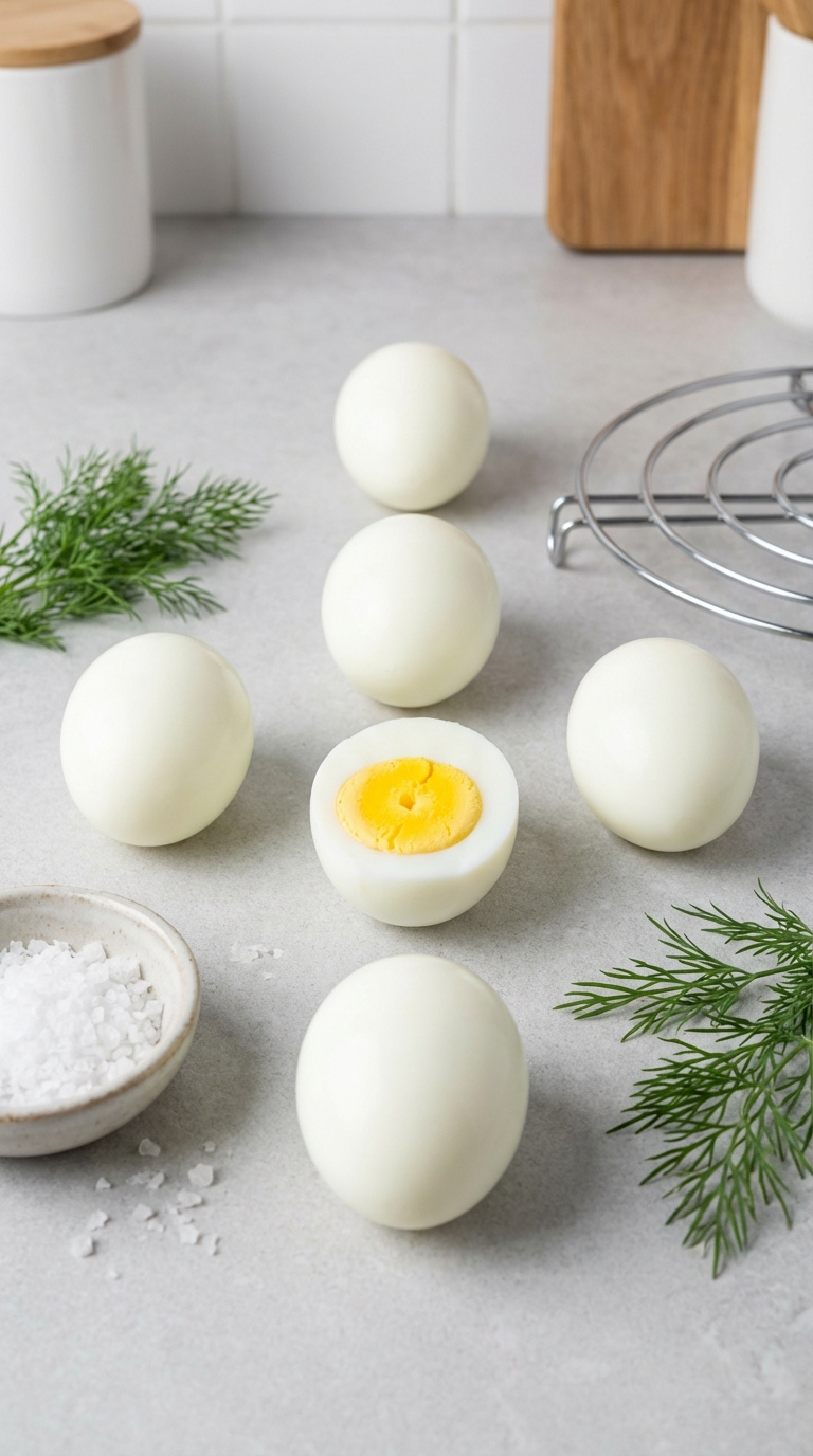 Perfectly Cooked Hard-Boiled Eggs With Sunny Yellow Yolk And Firm White Displayed On Light Gray Stone Surface With Sea Salt.
