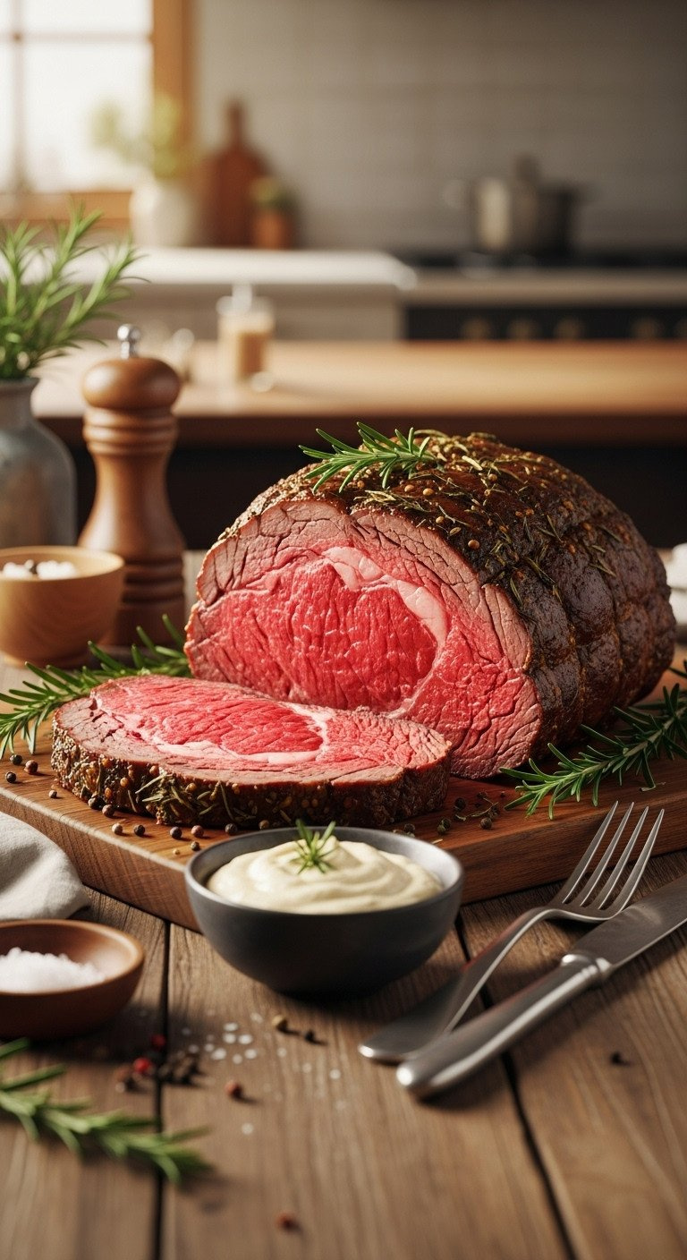 Perfectly Cooked Medium-Rare Prime Rib Roast Slice With Crispy Herb Crust, Horseradish On Rustic Wood. Elegant Christmas Dinner.