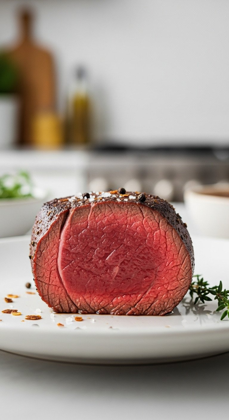 Perfectly Cooked Medium-Rare Venison Steak Medallion Cross-Section With Pink Center, Sea Salt, And Thyme.