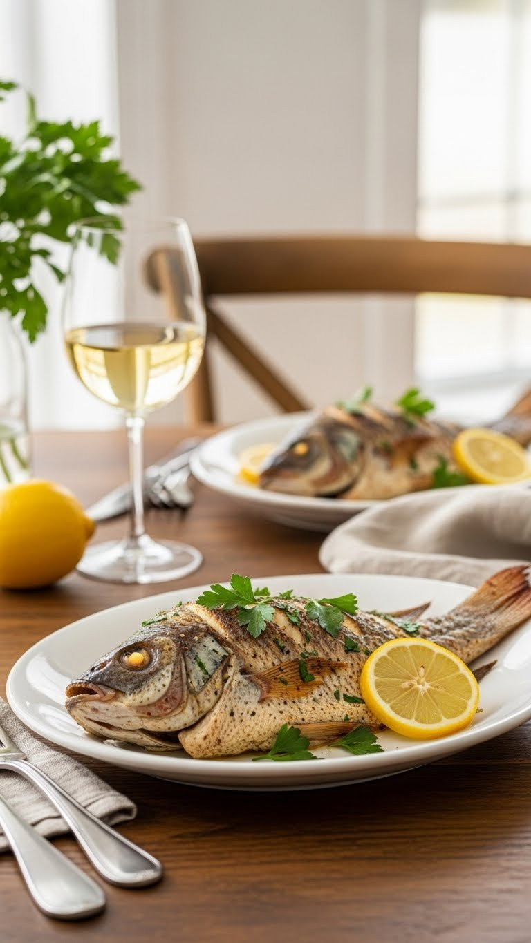 Perfectly Cooked Oven Baked Tilapia Fillet On Elegant White Plate Garnished With Fresh Parsley And Lemon Wedge