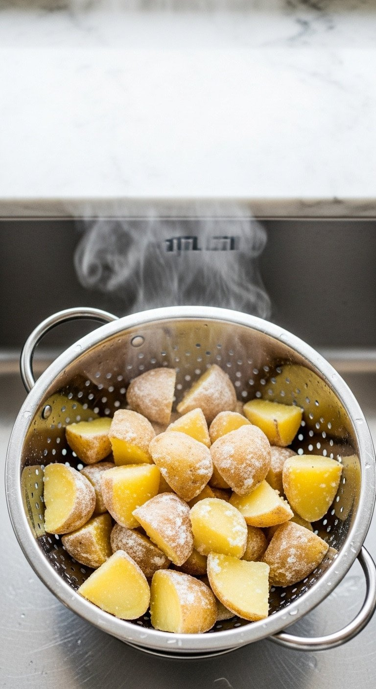 Perfectly Cooked Potato Chunks Steaming In A Stainless Steel Colander Inside A Clean Sink, Ready For Mashing.