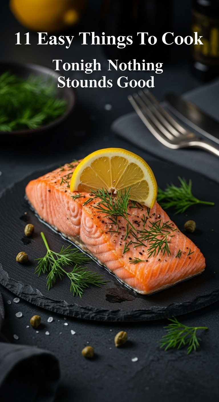 Perfectly Cooked Salmon Fillet With Dill And Lemon Wedge On A Dark Slate Plate With Capers And Cutlery