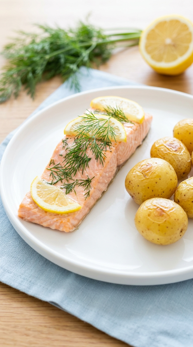 Perfectly Cooked Salmon Fillet With Lemon And Herbs Alongside Golden Baby Potatoes On White Plate