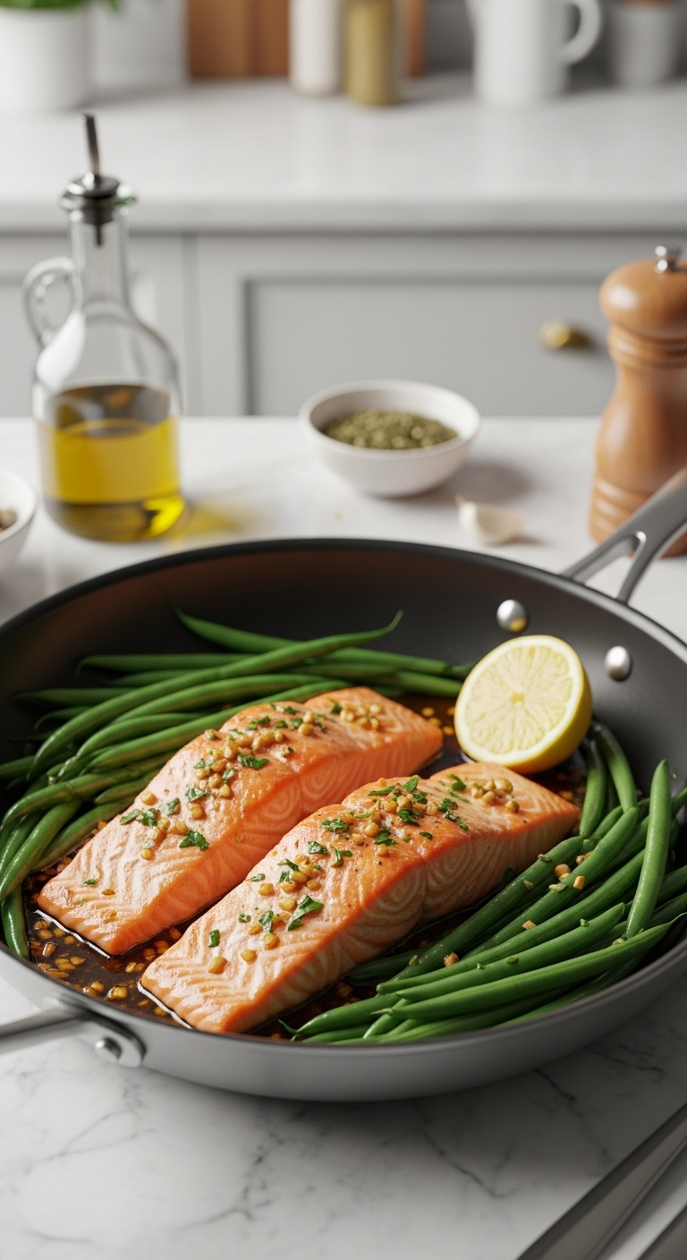 Perfectly Cooked Salmon Fillets And Vibrant Green Beans In A Skillet With Garlic And A Lemon Wedge On A Marble Countertop In Bright Studio Light