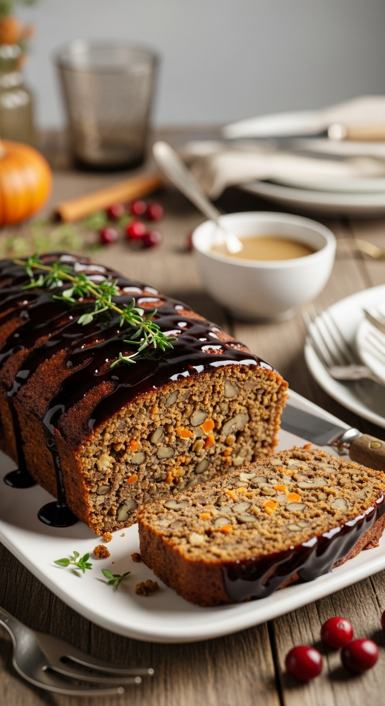 Perfectly Cooked Vegan Lentil Loaf With Maple Balsamic Glaze Sliced To Reveal Textured Interior With Thyme Garnish On A Rustic Table