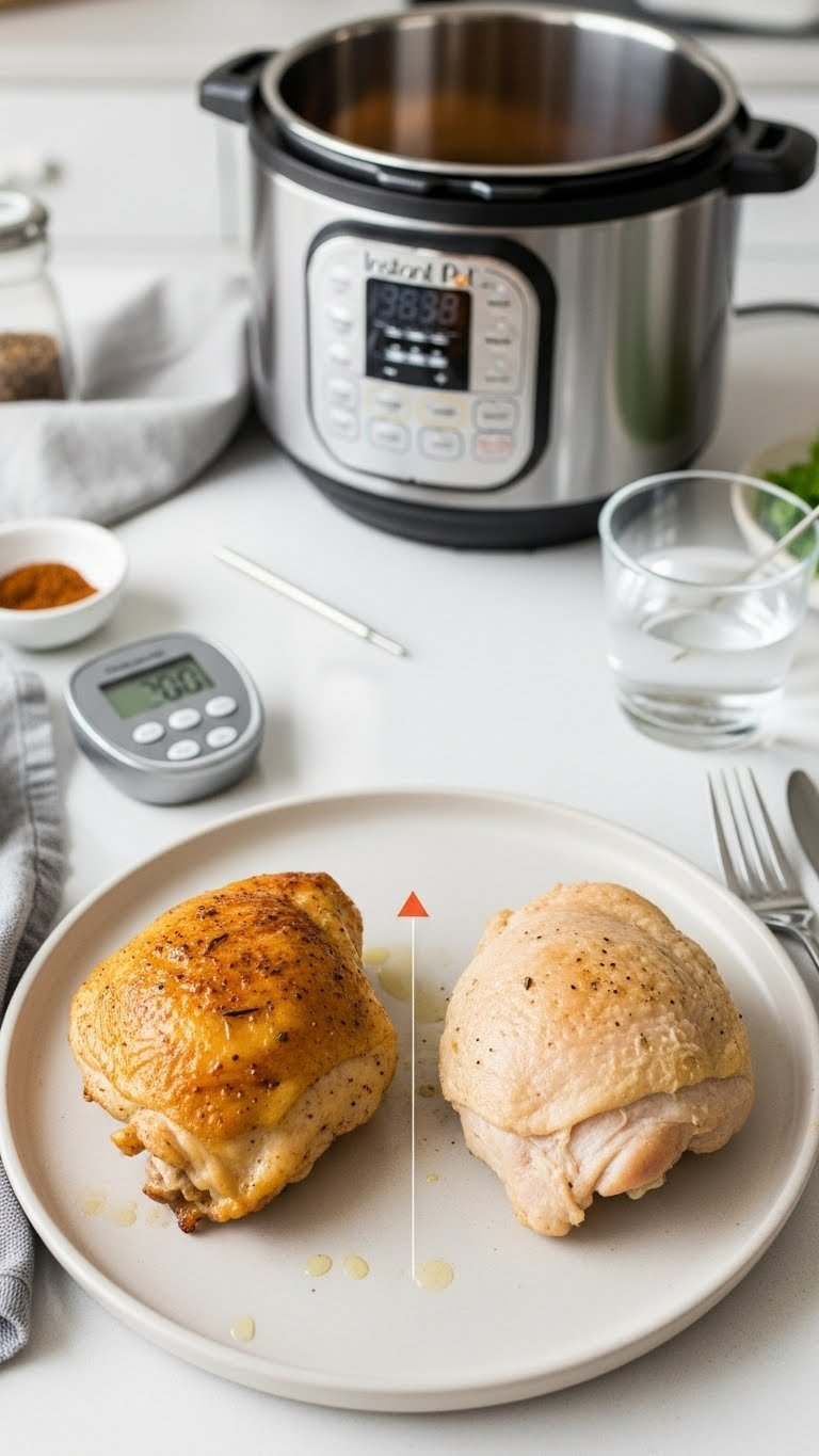 Perfectly Cooked Versus Undercooked Instant Pot Chicken Thighs With A Meat Thermometer, Demonstrating Troubleshooting Cooking Techniques.