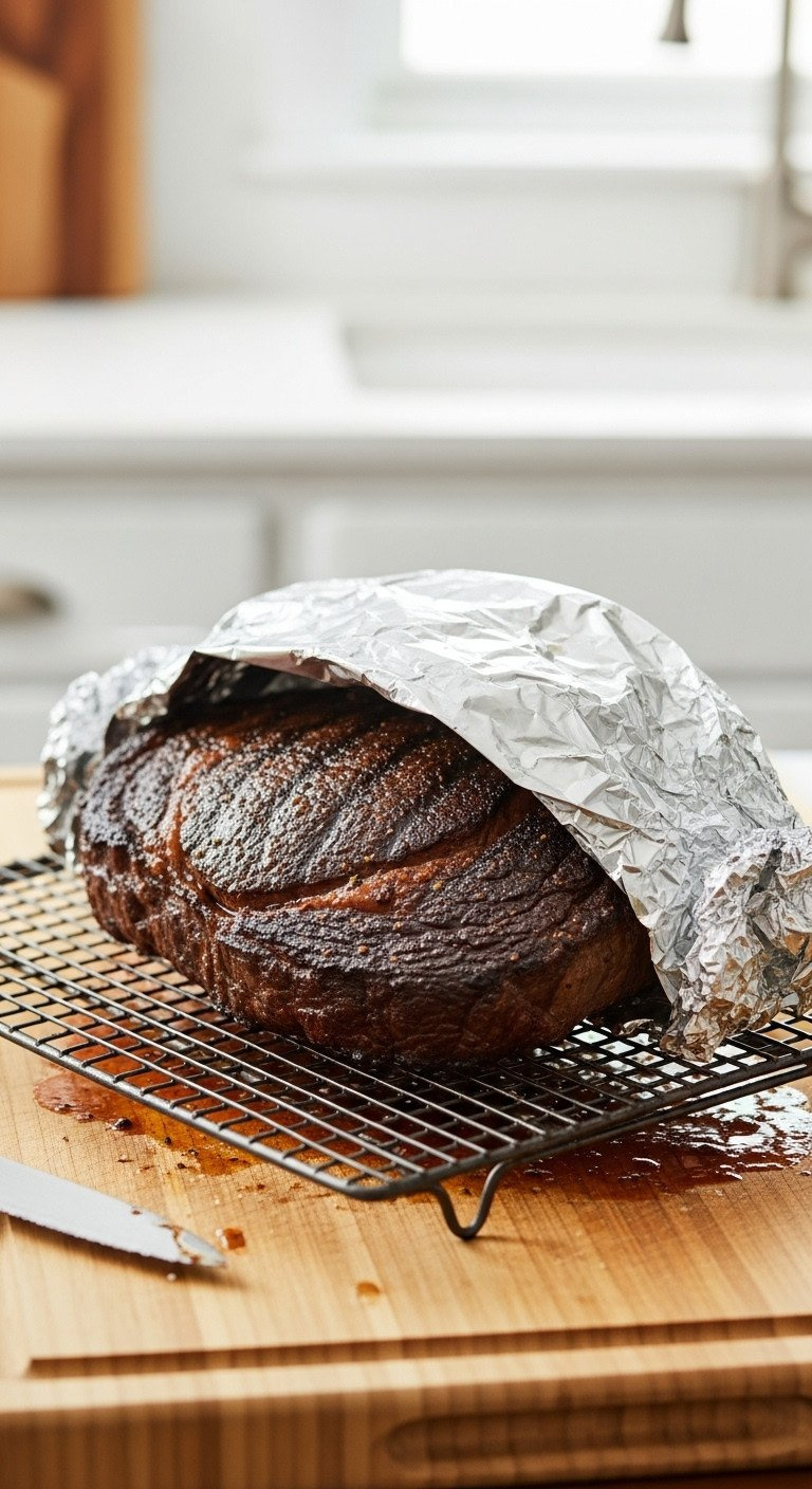 Perfectly Crusted Ribeye Steak Resting On A Wire Rack Over A Wooden Cutting Board, Lightly Tented With Aluminum Foil.