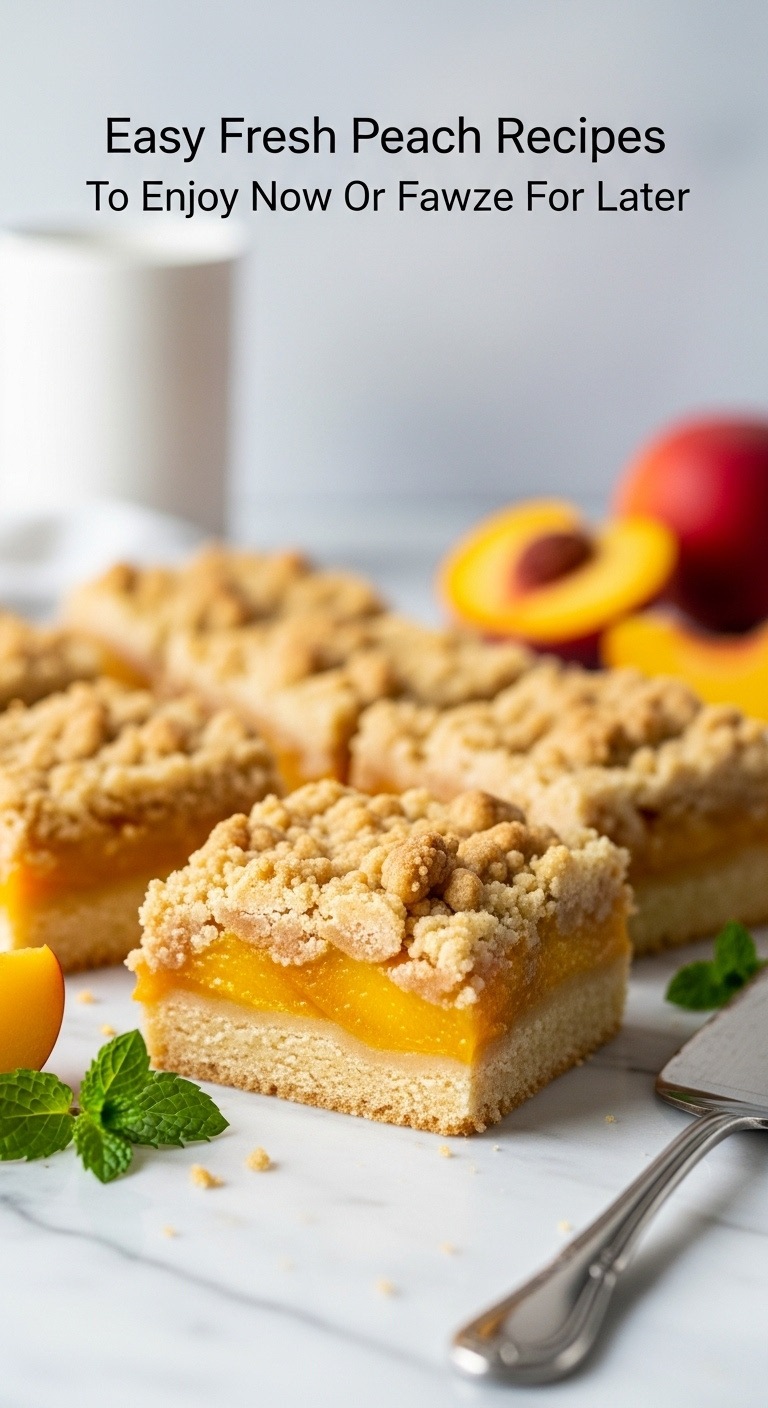 Perfectly Cut Fresh Peach Crumb Bars With Streusel Topping And Vibrant Filling On A Marble Countertop