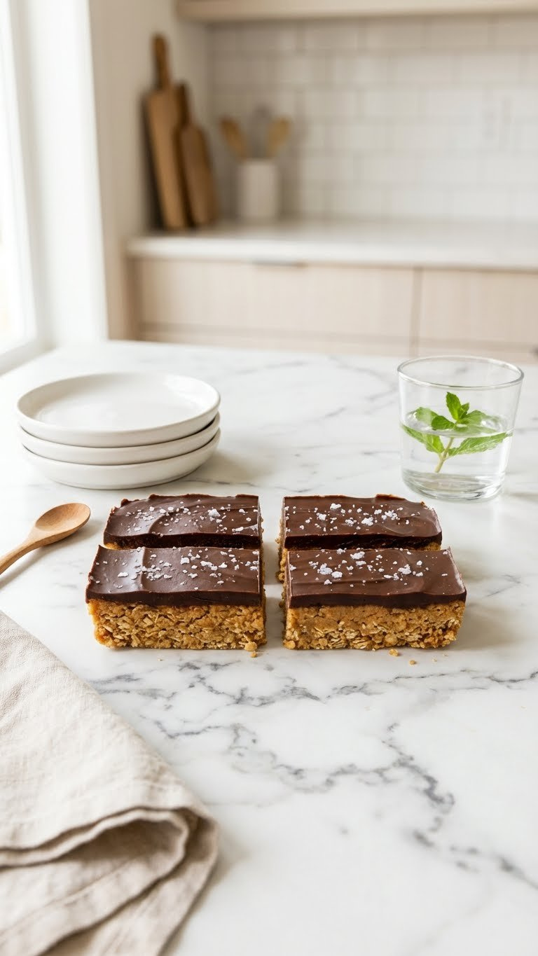 Perfectly Cut, Golden-Brown No-Bake Vegan Peanut Butter Bars With Layered Chocolate Topping And Sea Salt On A Marble Countertop.