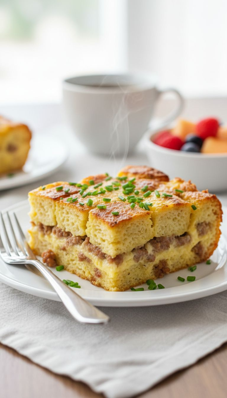Perfectly Cut Slice Of Breakfast Casserole With Layers Of Bread, Sausage, And Cheesy Custard, Garnished With Fresh Chives.