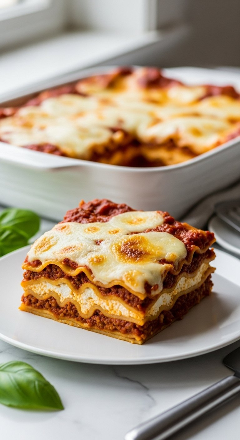 Perfectly Cut Square Of Lasagna Revealing Layers Of Pasta Meat Sauce Ricotta And Melted Bubbly Mozzarella Cheese.