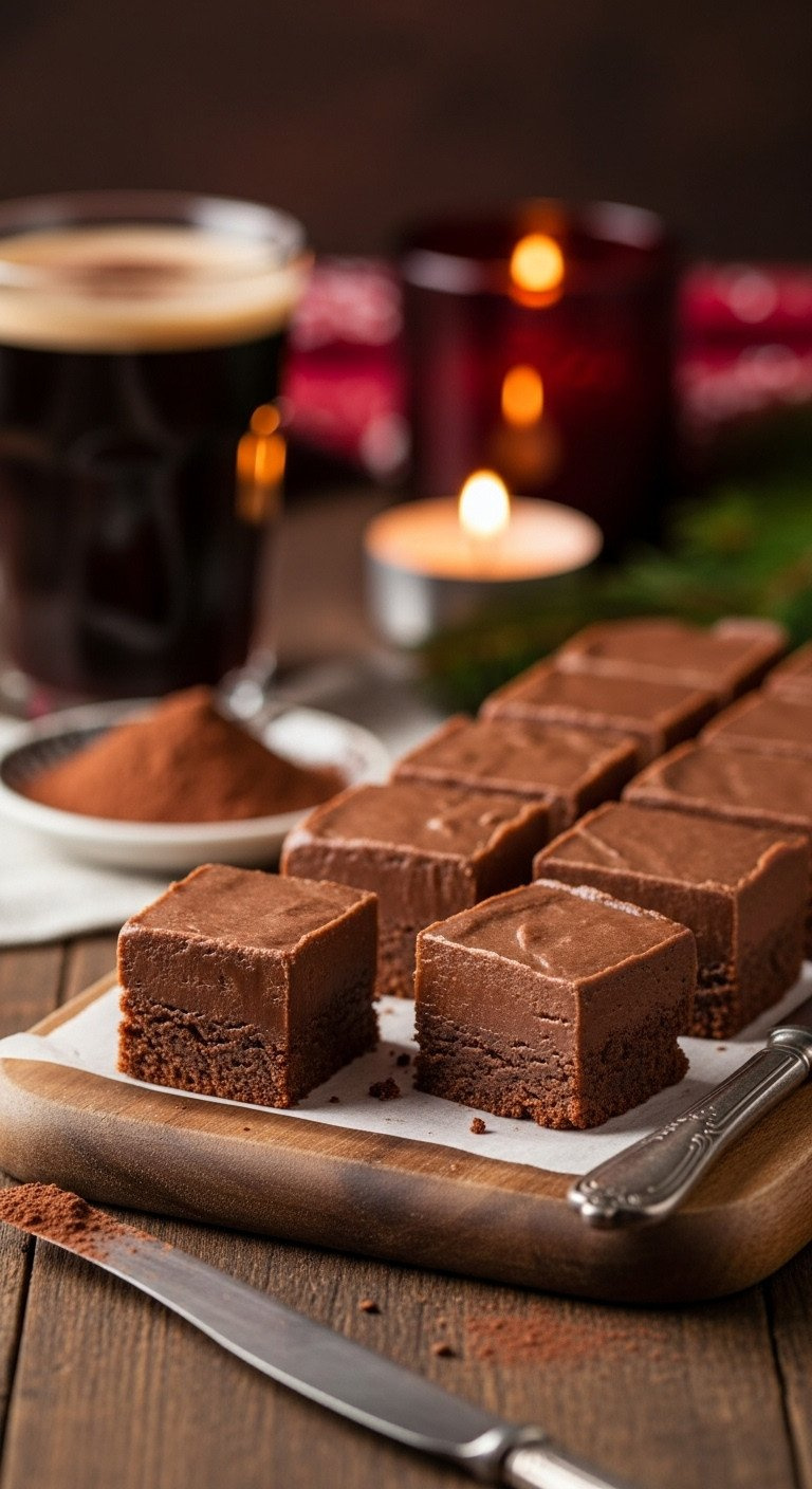 Perfectly Cut Squares Of Rich, Creamy Chocolate Fudge Arranged On A Rustic Wooden Board With A Dusting Of Cocoa Powder.