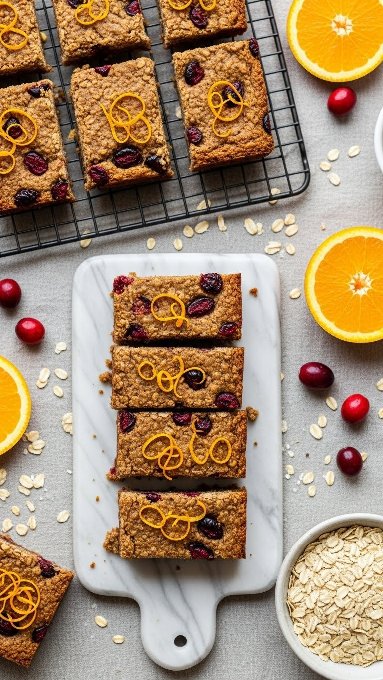 Perfectly Cut Vegan Cranberry Orange Oat Bars With Golden Edges And Vibrant Fruit Flecks Arranged On Linen Tablecloth