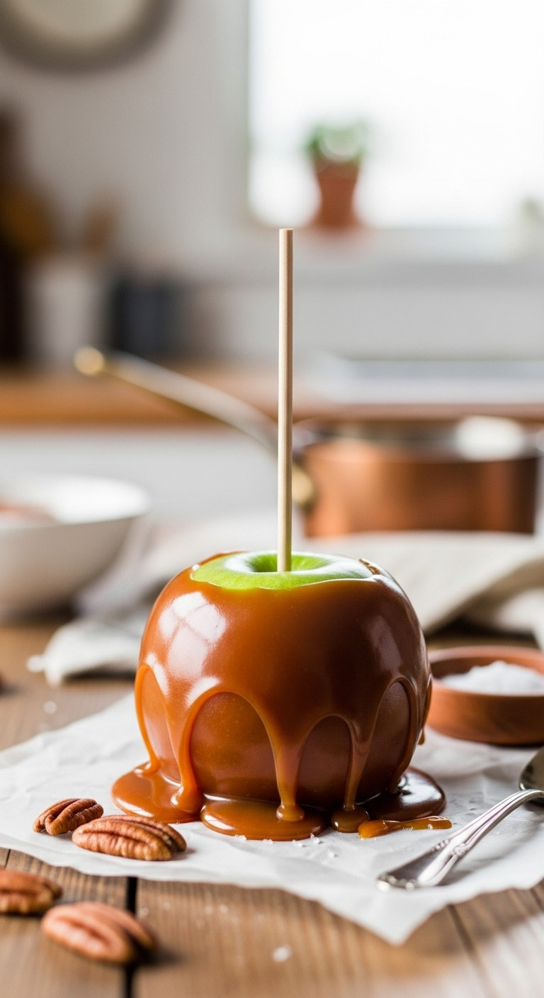 Perfectly Dipped Old Fashioned Caramel Apple With A Smooth Non-Sliding Amber Coating On Parchment Paper