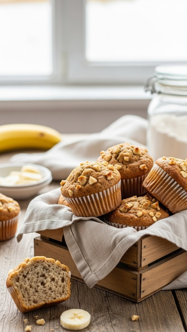 Perfectly Domed, Golden-Brown Banana Nut Muffins With Visible Nuts In A Wooden Crate On A Rustic Table. Freshly Baked.