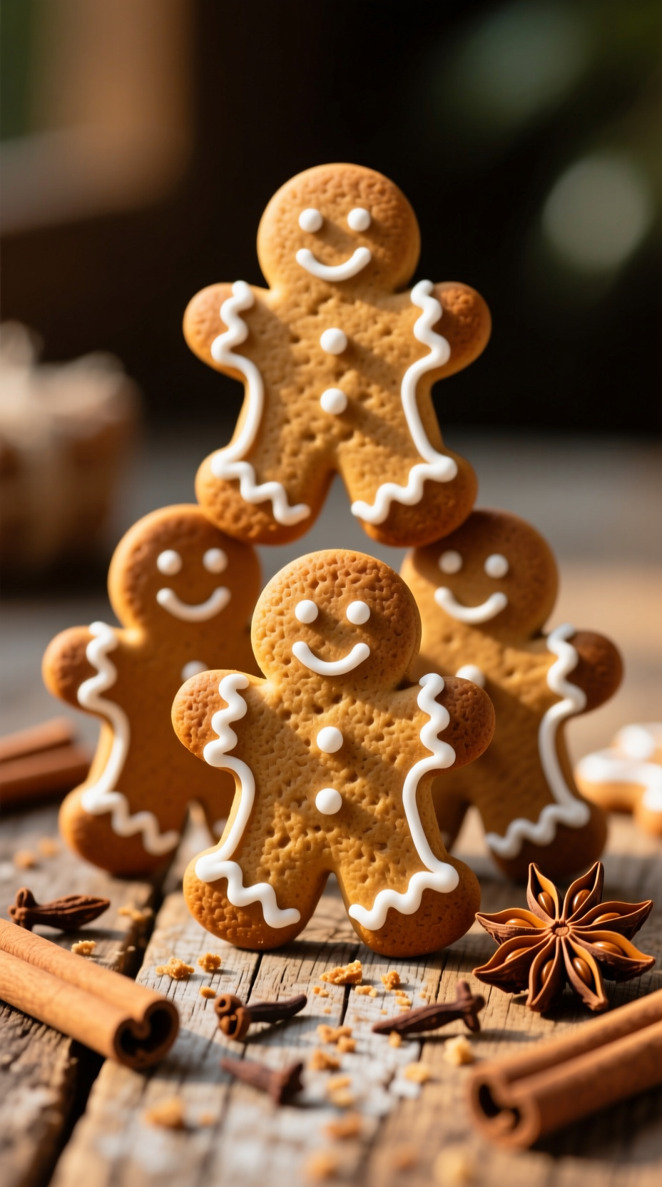 Perfectly Formed Gingerbread Men Cookies, White Icing Outline, Standing On Rustic Wood Table With Cinnamon Sticks.