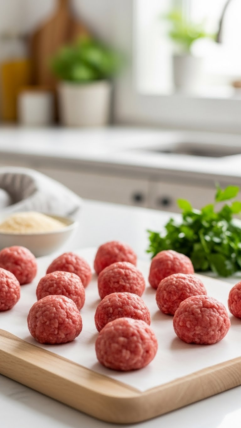 Perfectly Formed Raw Mini Meatballs, Ready For Cooking, Neatly Arranged On A Light Wooden Cutting Board In A Naturally Lit Kitchen Setting.